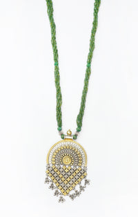 Silver Two Tone Beaded Necklace with Emerald Beads view 1