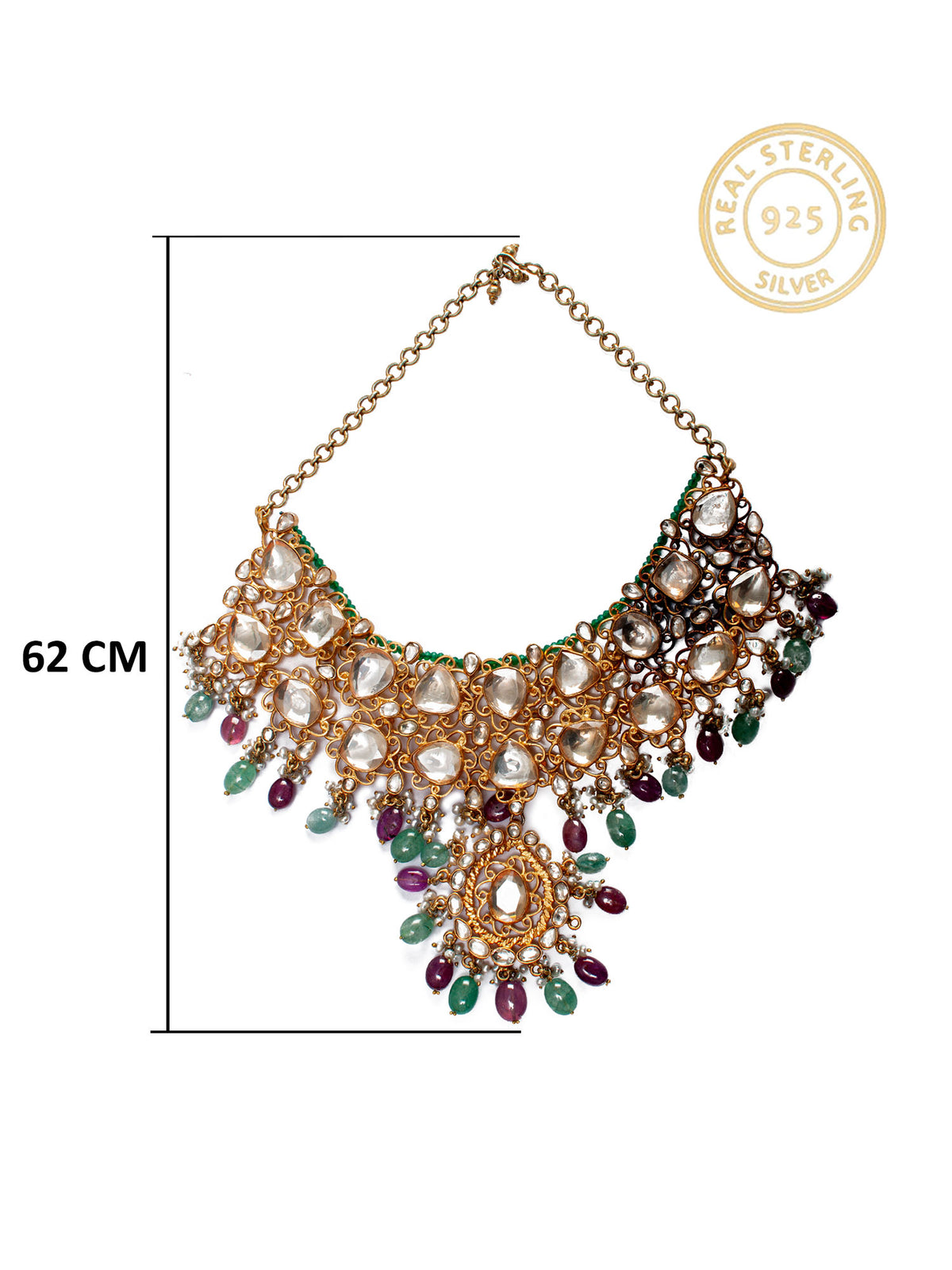 925 Sterling Silver 22K Gold Plated White Kundan Necklace With Green Quartz, Ruby and Pearl view 4