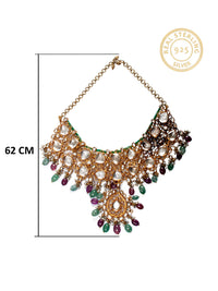925 Sterling Silver 22K Gold Plated White Kundan Necklace With Green Quartz, Ruby and Pearl view 4