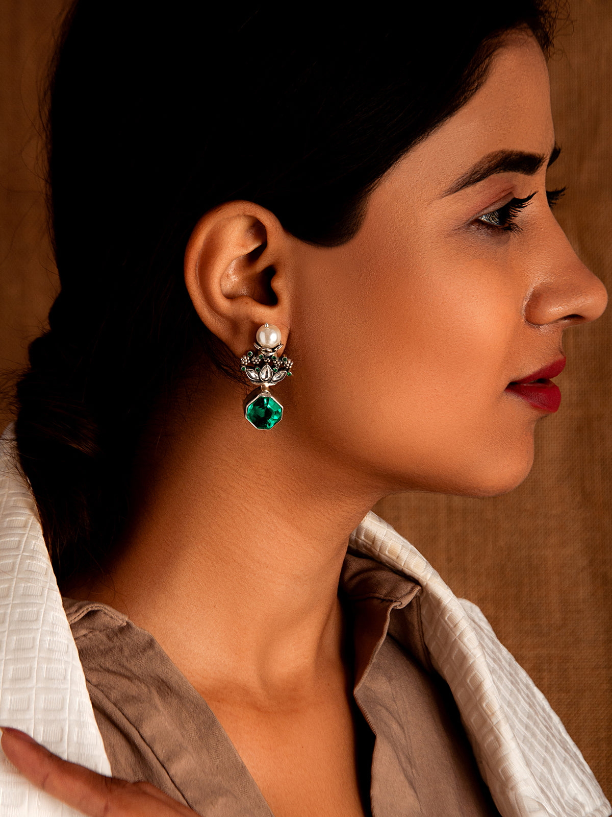 Aurora Emerald Studs with Pearl view 6