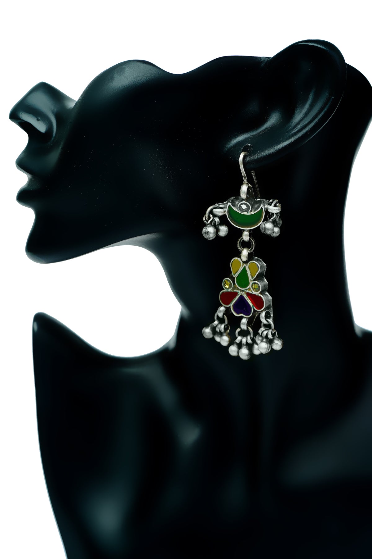 Silver Multi-Color Glass Earrings with Ghungroo view 4
