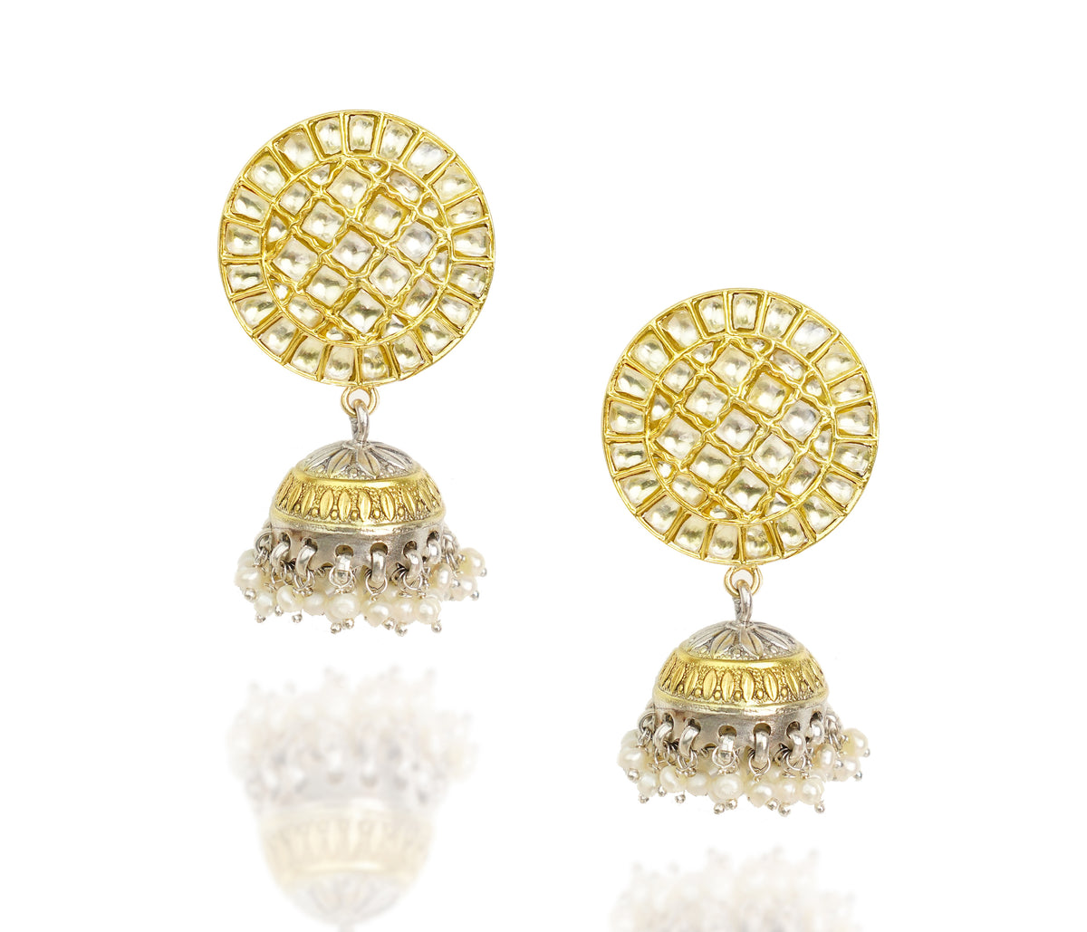 925 Silver Gold Plated White Kundan Round Jhumki Earrings view 1
