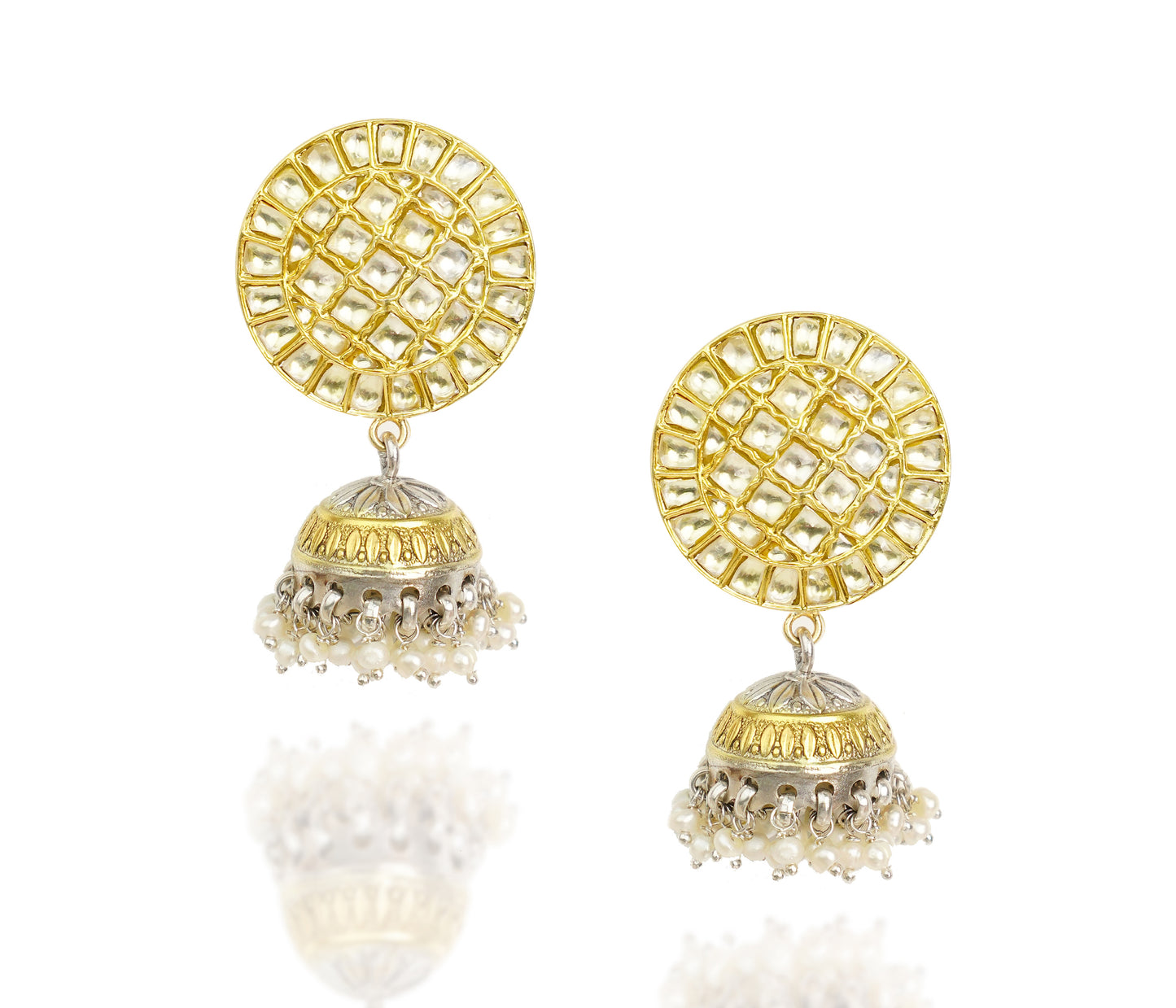 925 Silver Gold Plated White Kundan Round Jhumki Earrings - Neeta Boochra Jewellery