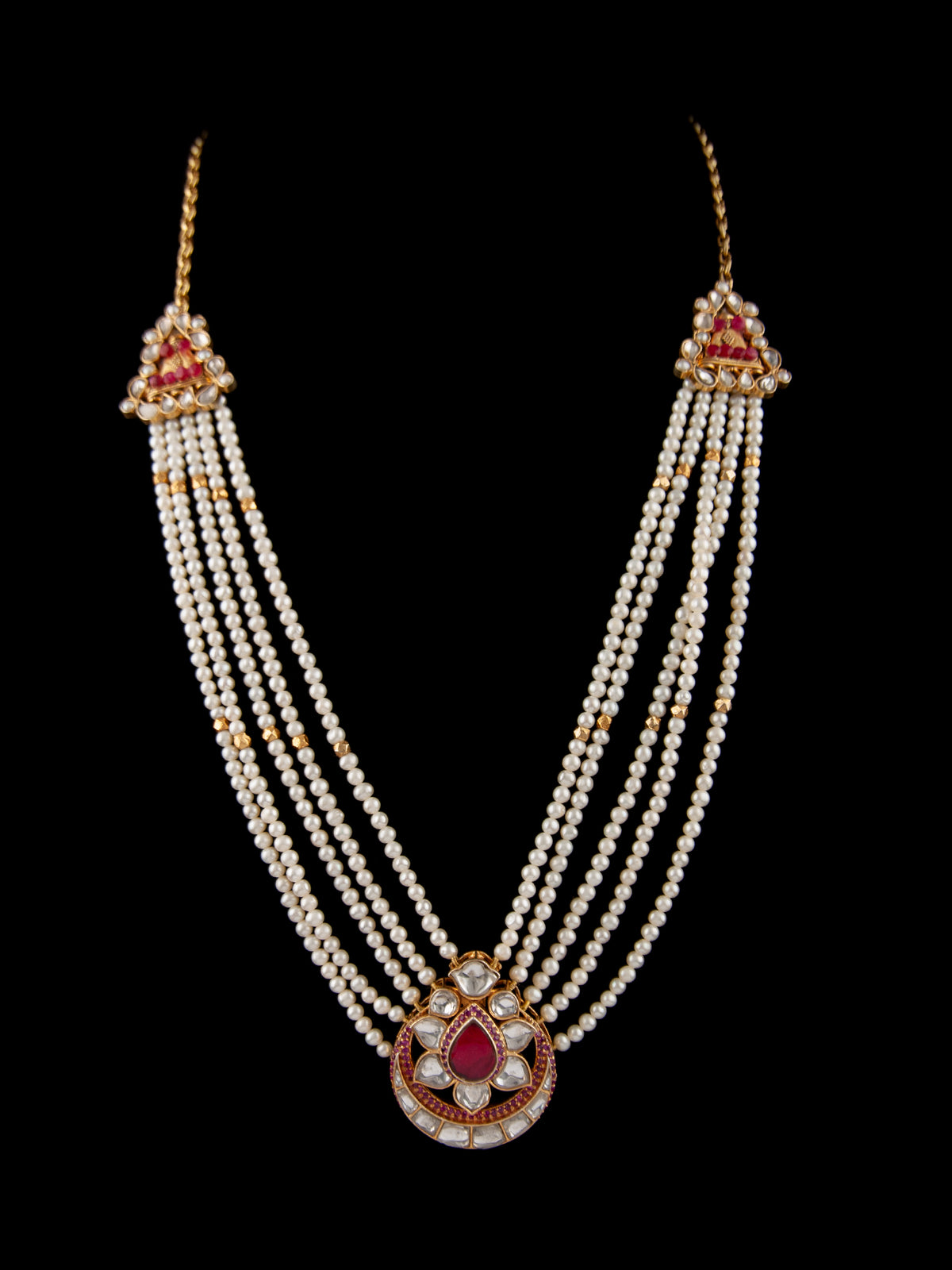 925 Sterling Silver 22K Gold Plated Pearl Beaded Chaandbali Necklace With White and Red Kundan view 5