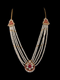925 Sterling Silver 22K Gold Plated Pearl Beaded Chaandbali Necklace With White and Red Kundan view 5