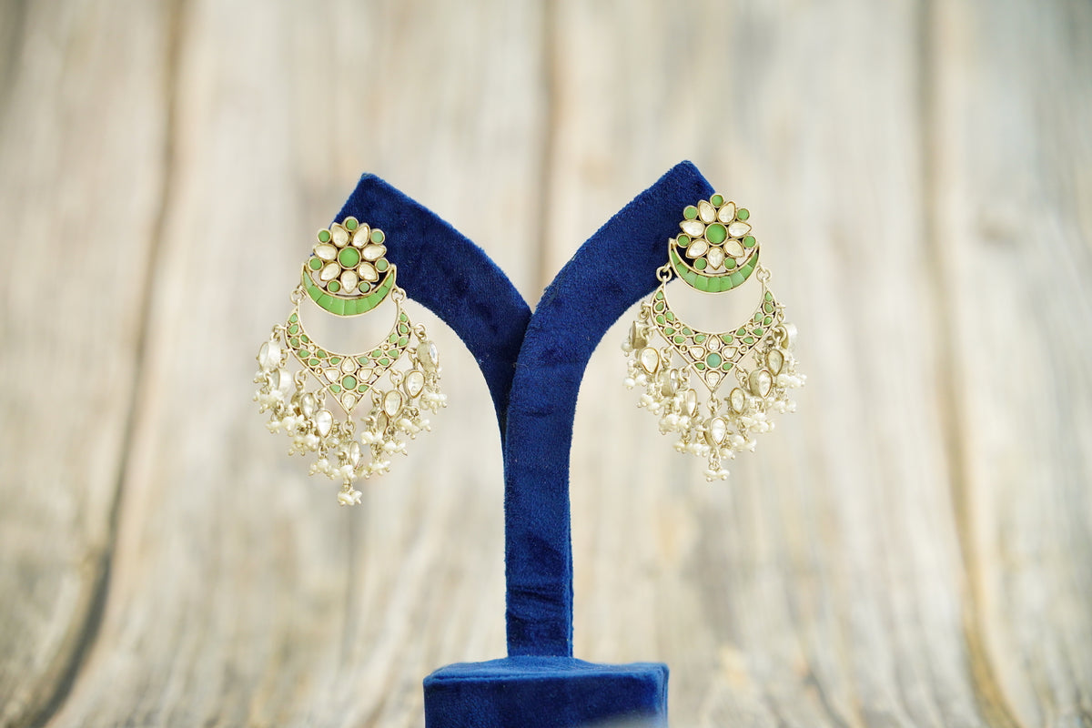 925 Silver Signature Green Kundan Chandbalis view 4