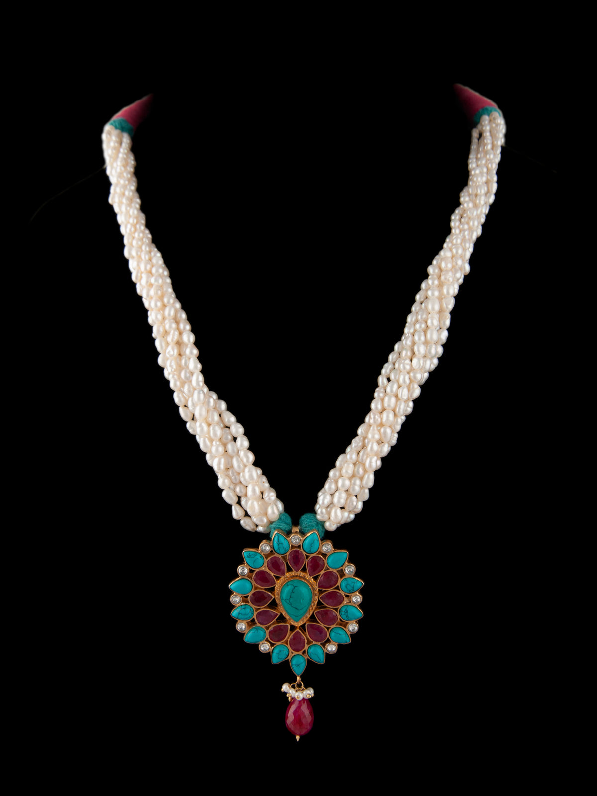 925 Sterling Silver 22K Gold Plated Pearl Beaded Necklace With  Turquoise and Ruby Gemstone view 6