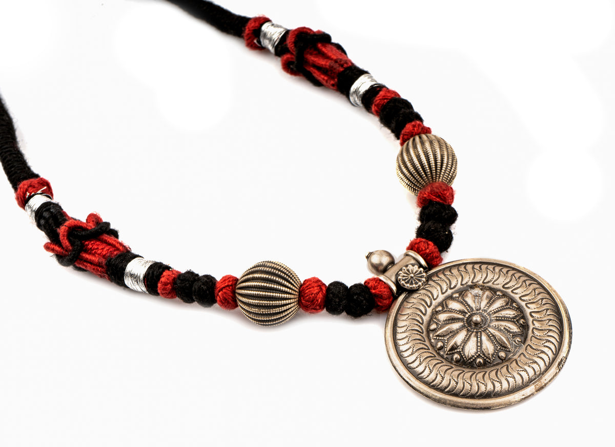 925 Sterling Silver Floral Design Necklace with Adjustable Patwa Thread view 1