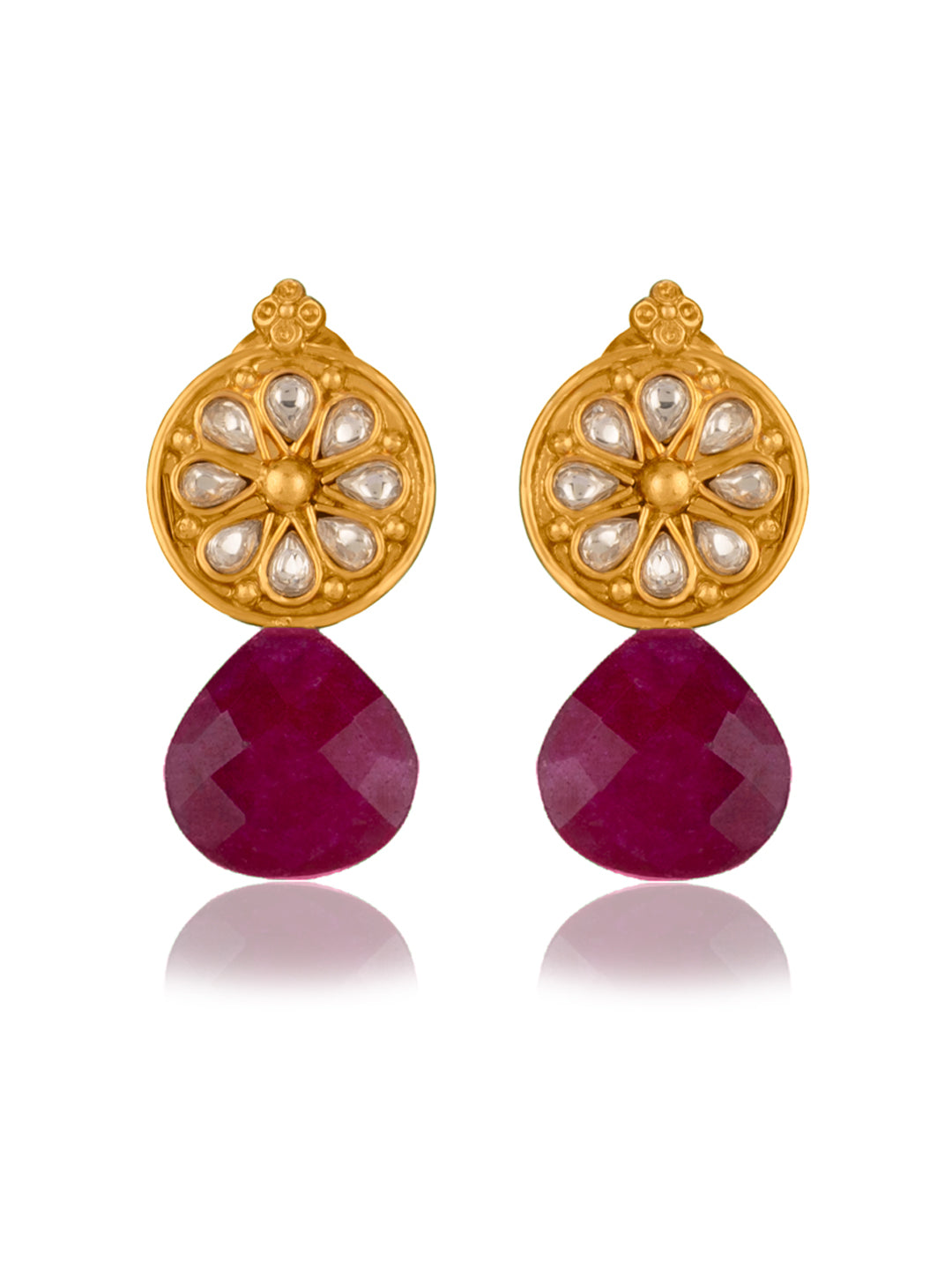 Gold Plated Floral Studs with Ruby view 1