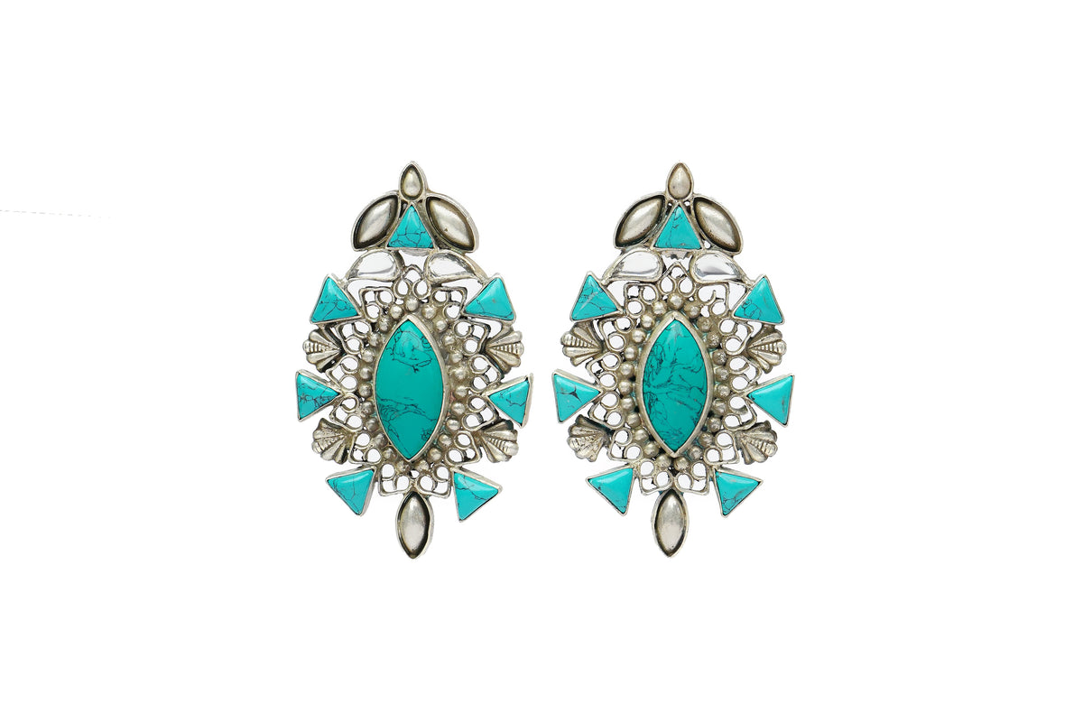 Silver Stud Earrings with Turquoise and Pearls view 1