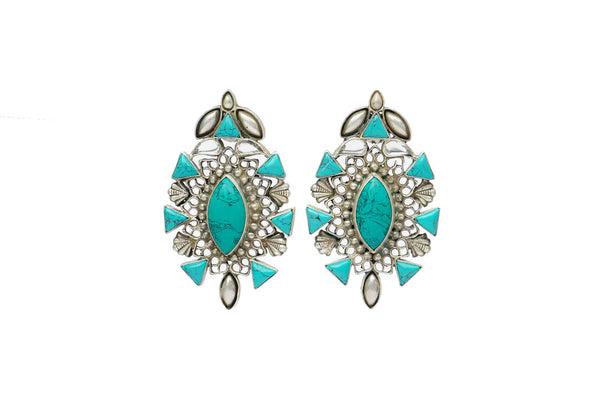 Silver Stud Earrings with Turquoise and Pearls