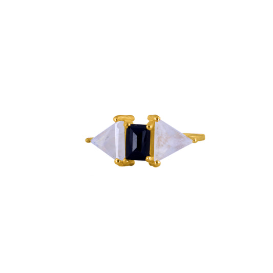 925 Silver Gold Plated Moonstone Black Onyx Ring - Neeta Boochra Jewellery
