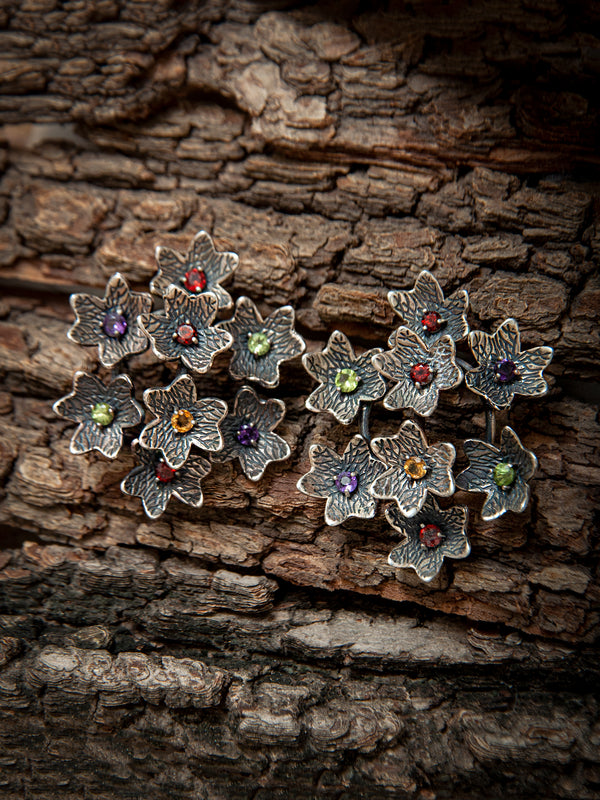 925 Sterling Silver 8-flower Fancy earring with Natural Gemstones - Peridot, Amethyst, Garnet and Citrine alternate