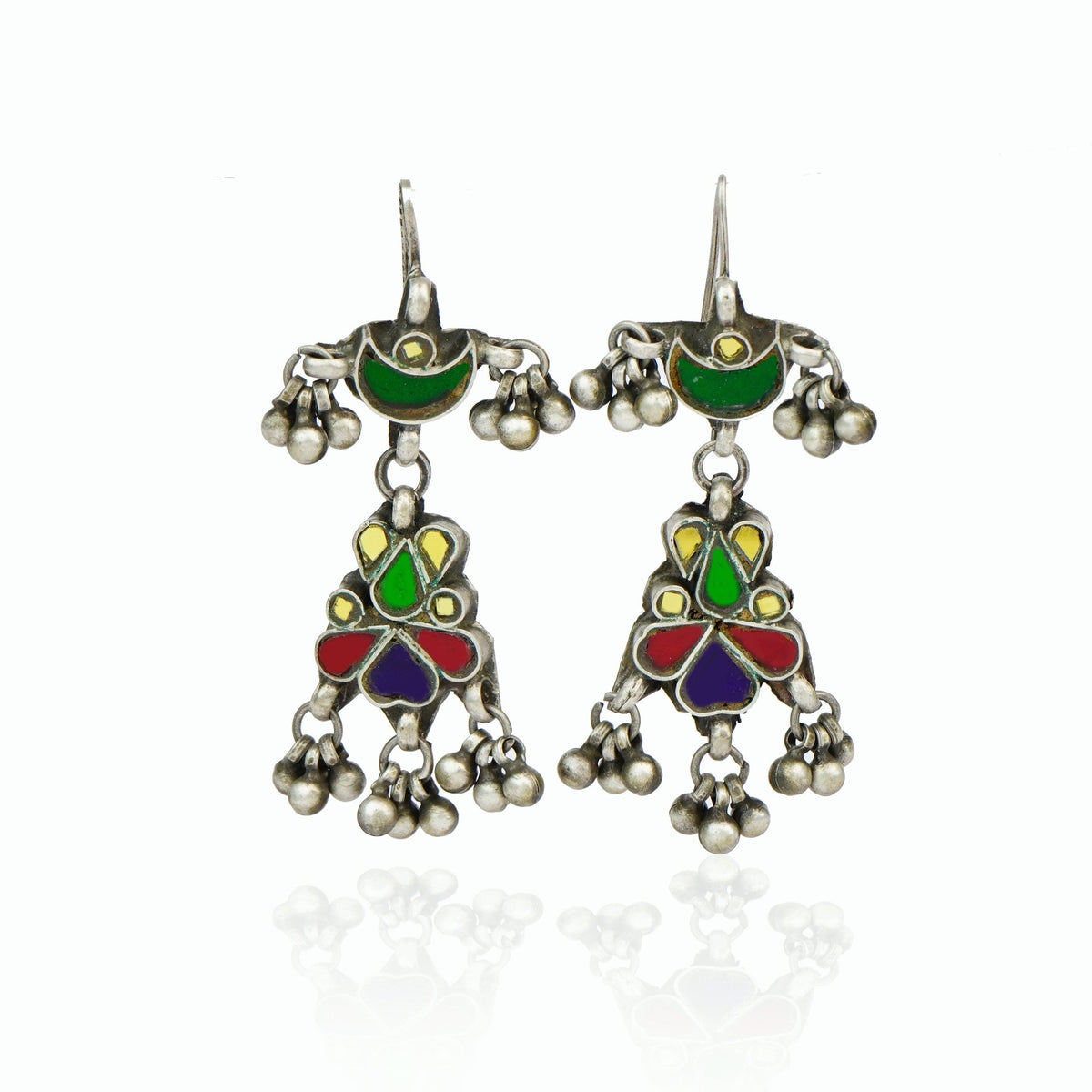Silver Multi-Color Glass Earrings with Ghungroo view 1