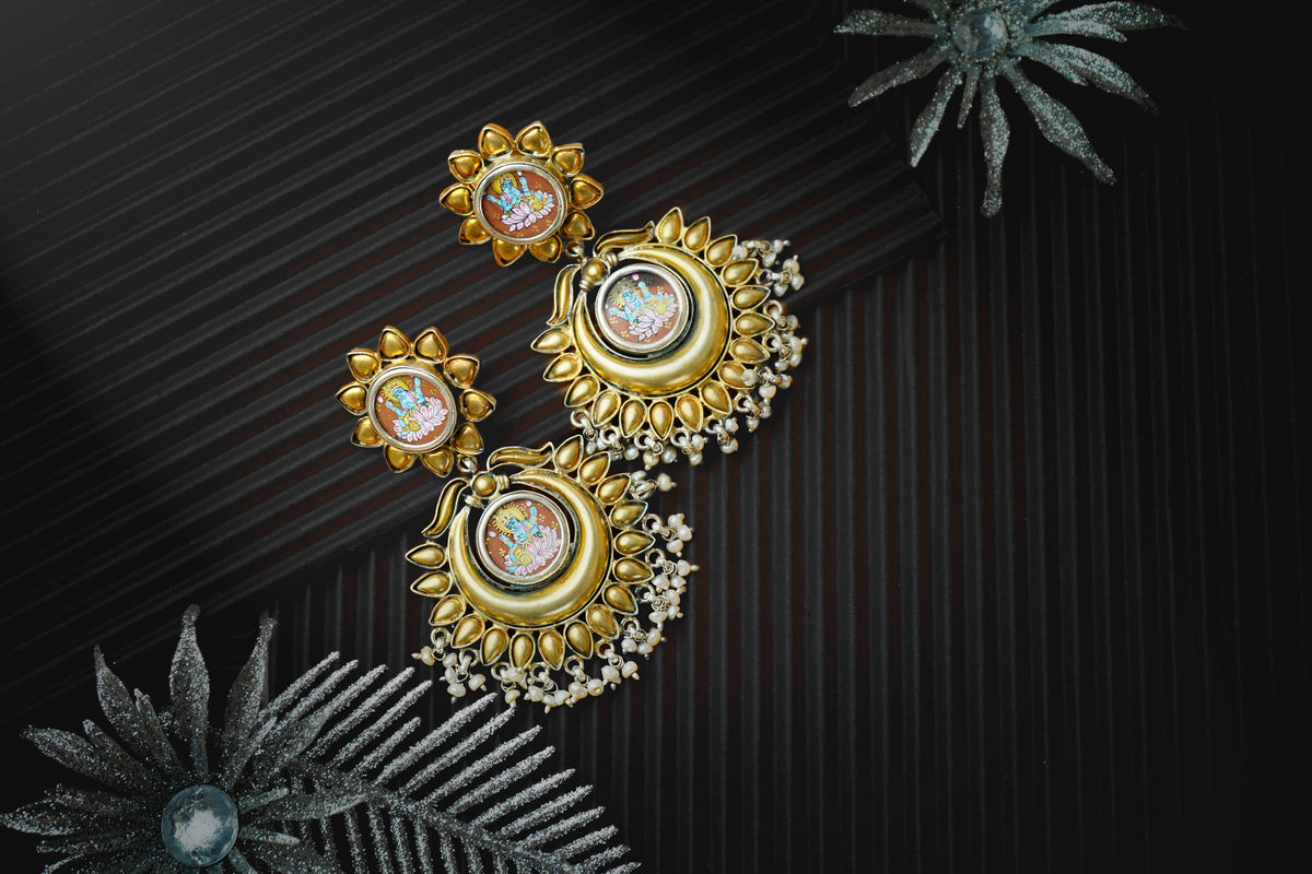 Silver Gold Plated Earrings with Hand Painting view 3