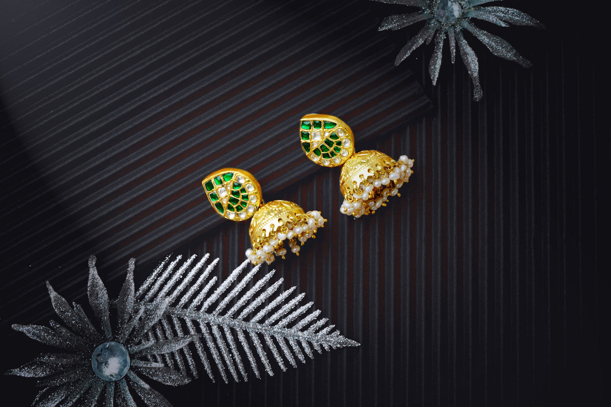 Silver Gold Plated Signature Kundan Jhumkis view 3