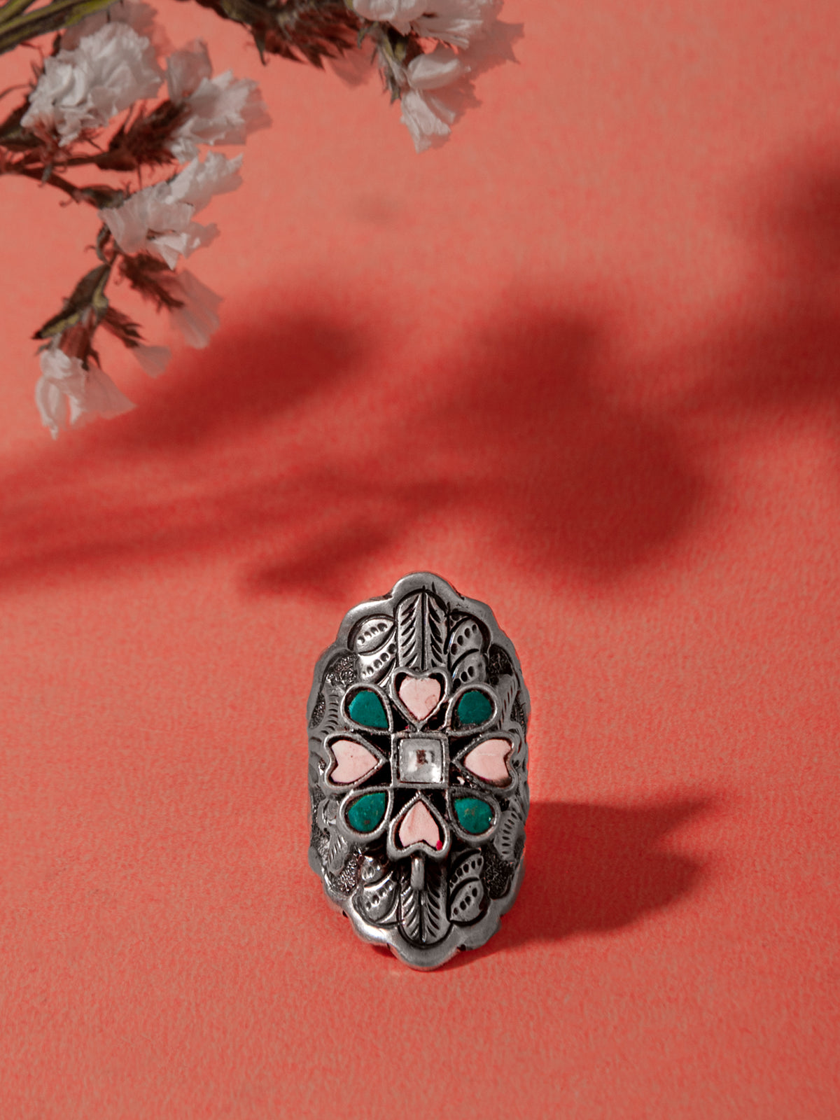 Silver Kundan Fusion Chitai Adjustable Ring view 2