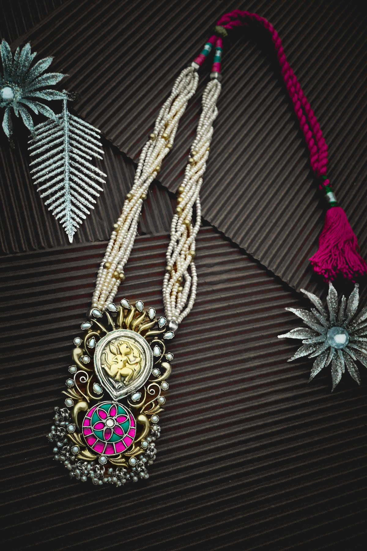 Silver Two Tone Necklace with Signature Motif and Pearl Maala view 3
