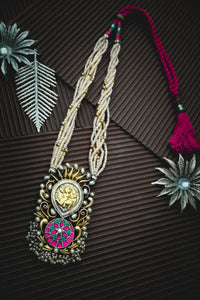 Silver Two Tone Necklace with Signature Motif and Pearl Maala view 3