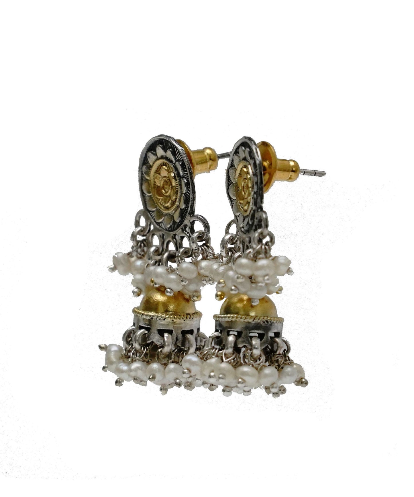 925 Silver Two Tone Mini Jhumki Earrings - Neeta Boochra Jewellery