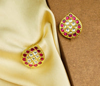 925 Silver Gold Plated Red and White Kundan Paan Studs view 3
