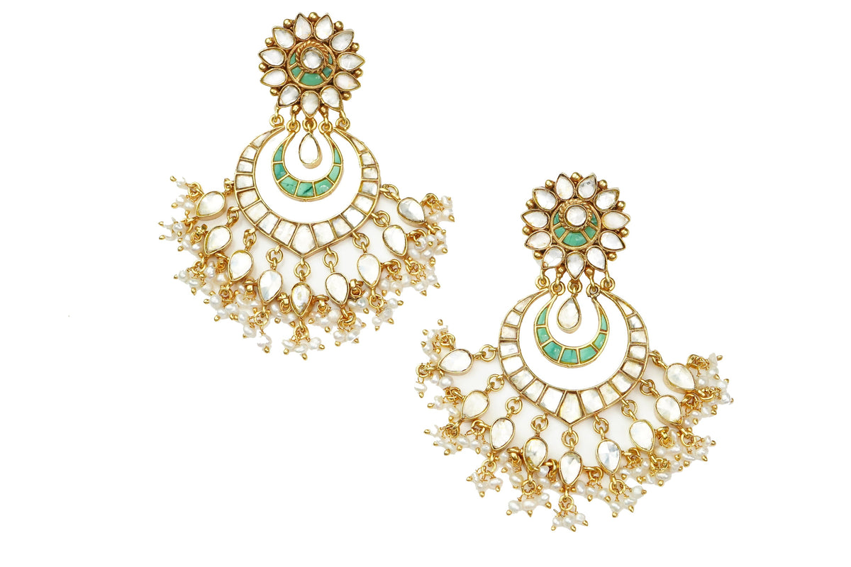 925 Silver Gold Plated White and Green Kundan Chandbali with Pearls view 1