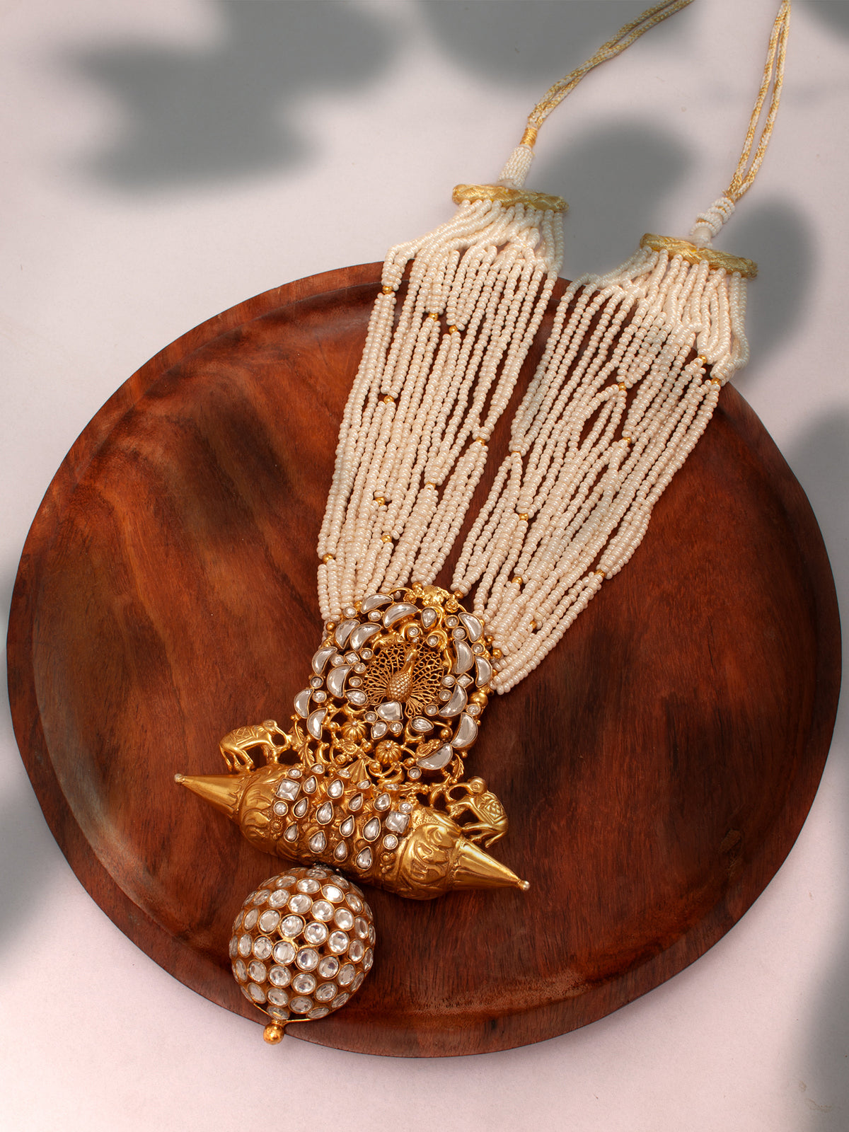 925 Sterling Silver 22K Gold Plated Pearl Beaded Peacock Design Necklace With Kundan Polki view 4