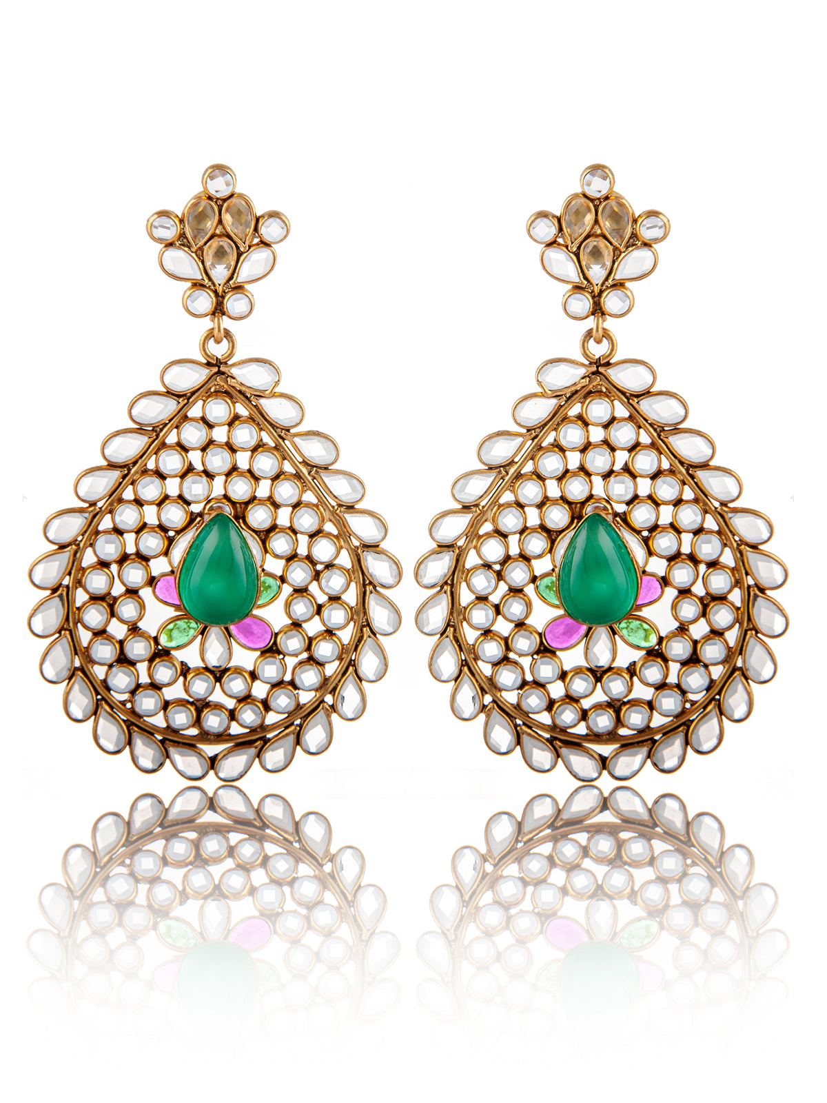 925 Sterling Silver 22K Gold Plated Checker Crystal Earrings with Green Onyx view 3