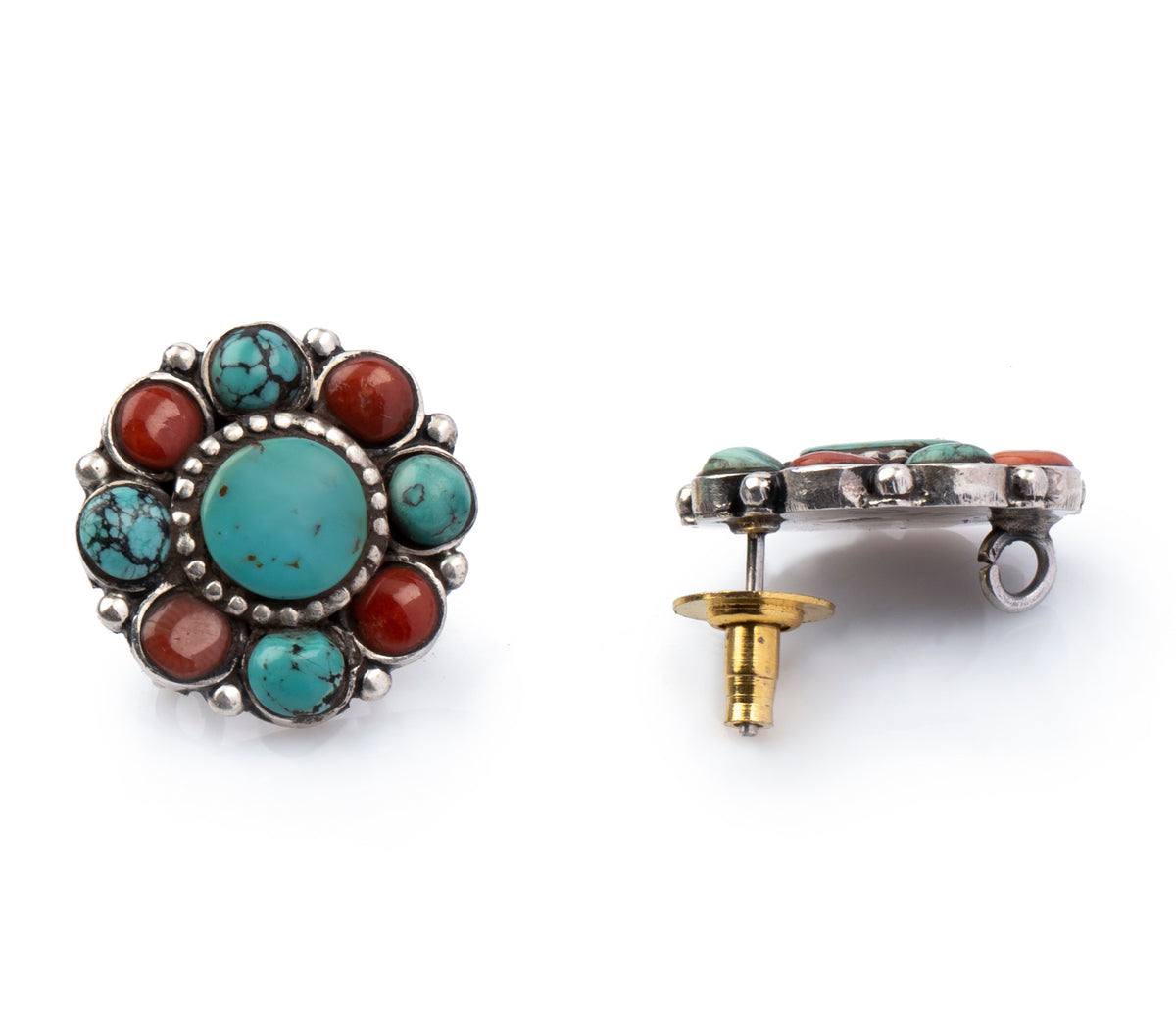 925 Sterling Silver Studs with Turquoise and Red Coral Gemstones view 2