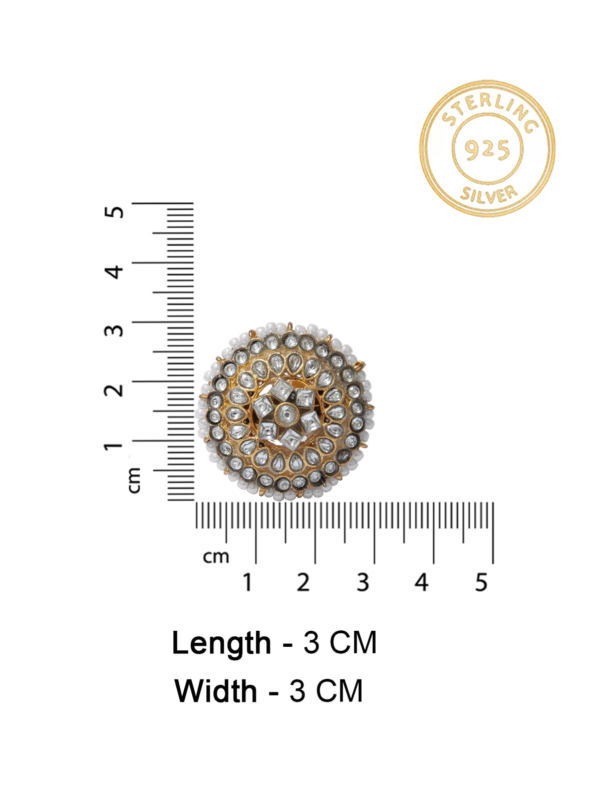 925 Sterling Silver Gold Plated Kundan Adjustable Ring view 4