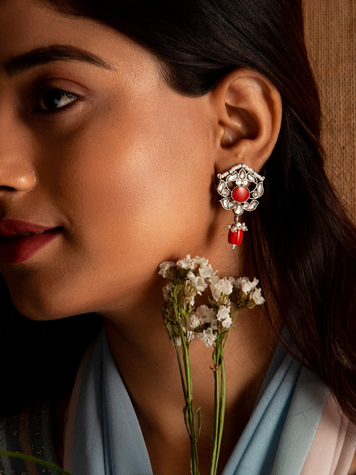 Silver Coral Kundan Earrings with Drop view 1