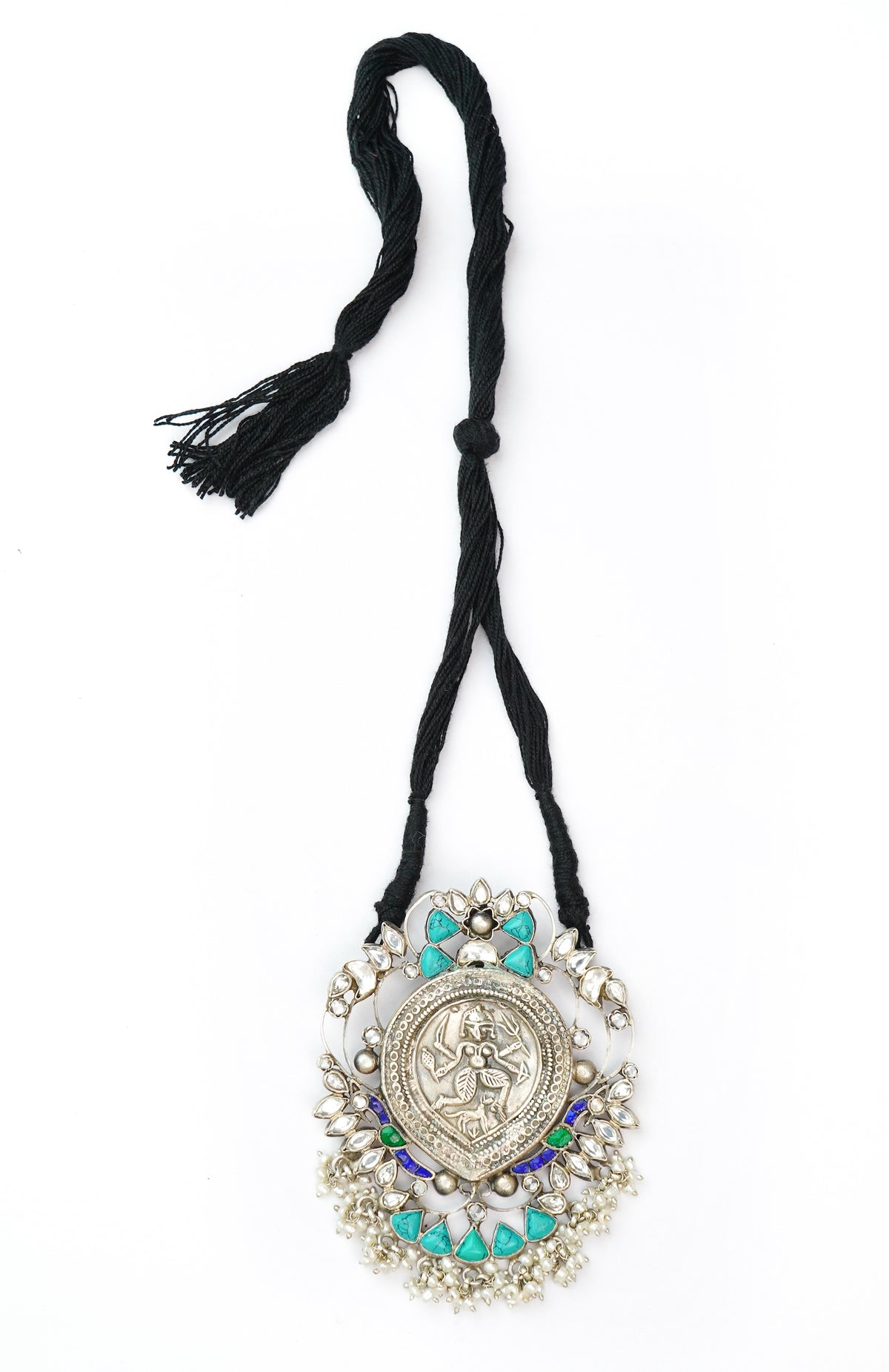 Silver Necklace with Motif and Black Patwa Thread view 1