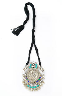 Silver Necklace with Motif and Black Patwa Thread view 1