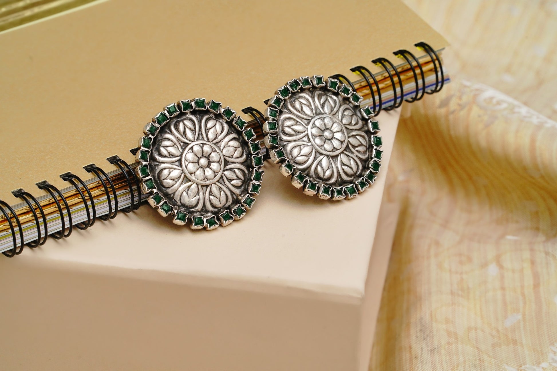 925 Silver Floral Studs with Natural Green Gemstone - Neeta Boochra Jewellery