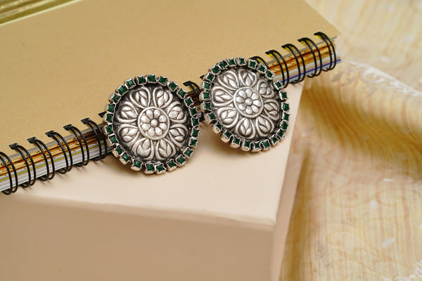925 Silver Floral Studs with Natural Green Gemstone