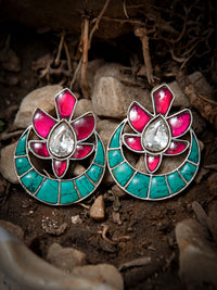 925 Sterling Silver Multicolored Kundan Mini Chandbali Stud Earrings view 2