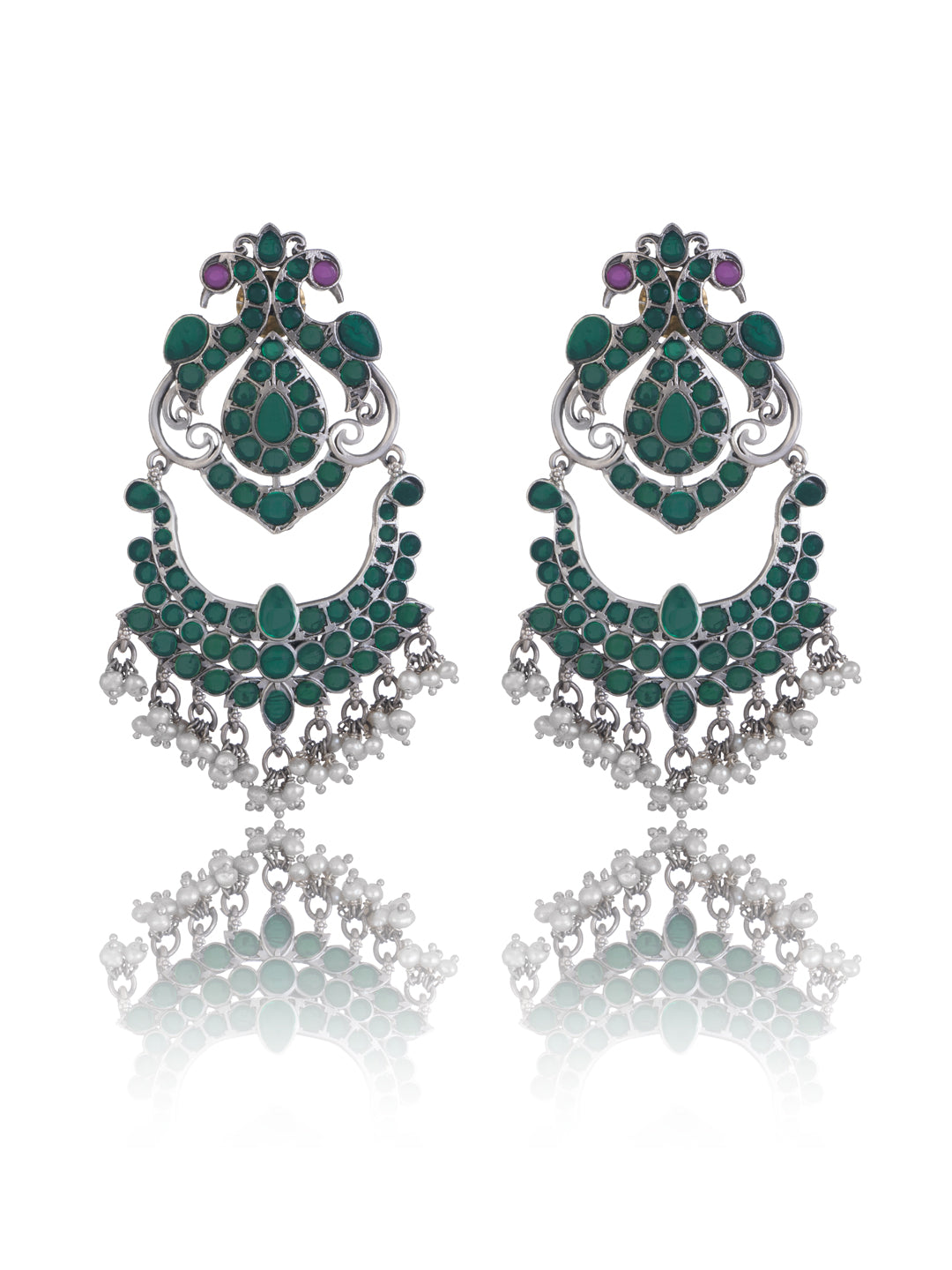 Green Peacock Earrings with Kundan and Freshwater Pearl view 1