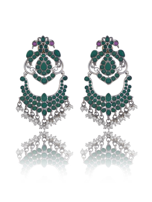 Green Peacock Earrings with Kundan and Freshwater Pearl