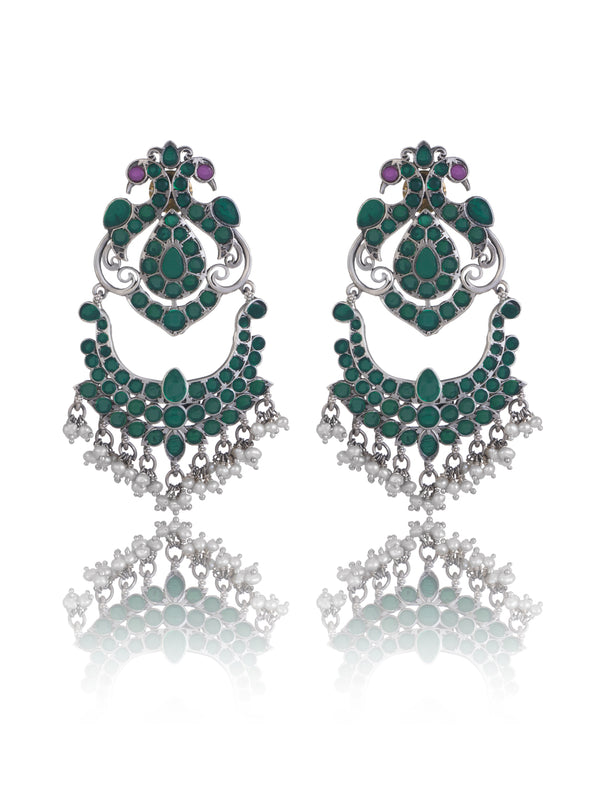 Green Peacock Earrings with Kundan and Freshwater Pearl