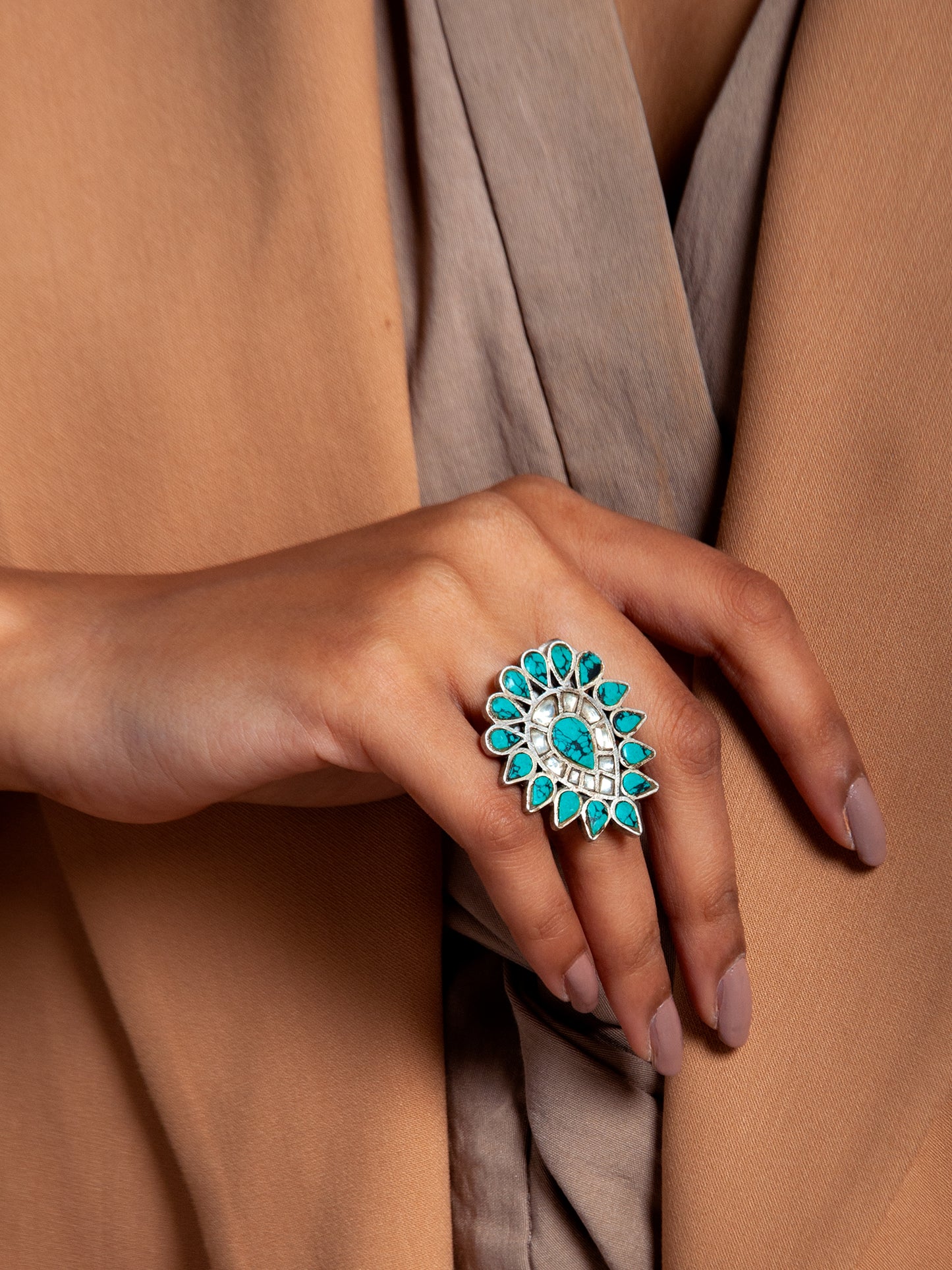 Silver Turquoise Kundan Adjustable Ring
