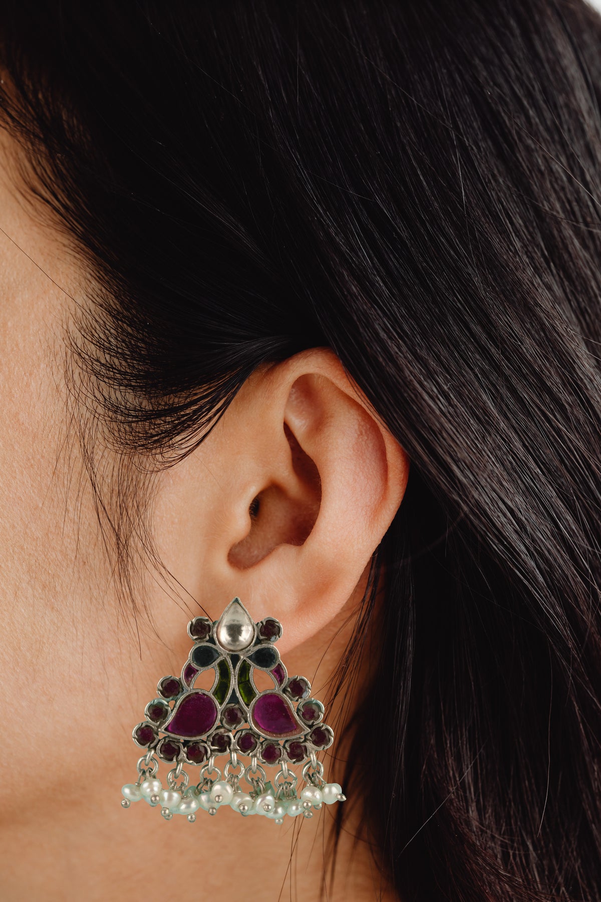 925 Sterling Silver Peacock Kundan Earrings view 3