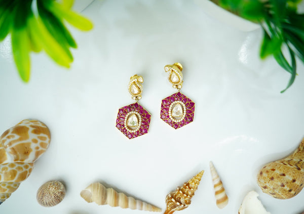 925 Silver Gold Plated Red Paisley Kundan Earrings