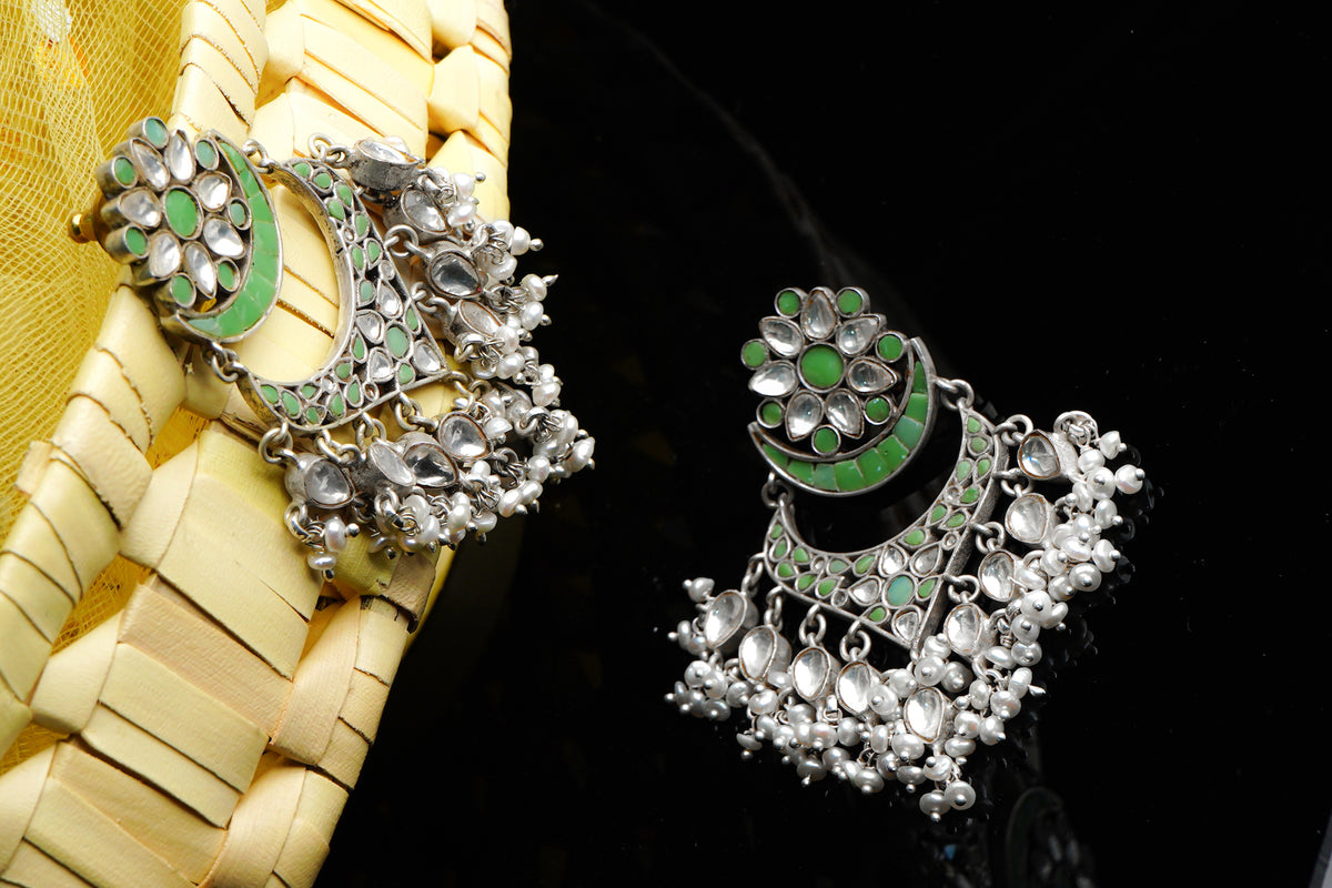 925 Silver Signature Green Kundan Chandbalis view 5