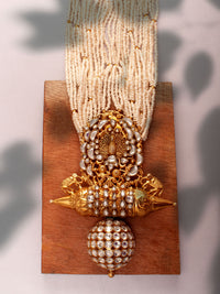 925 Sterling Silver 22K Gold Plated Pearl Beaded Peacock Design Necklace With Kundan Polki view 2