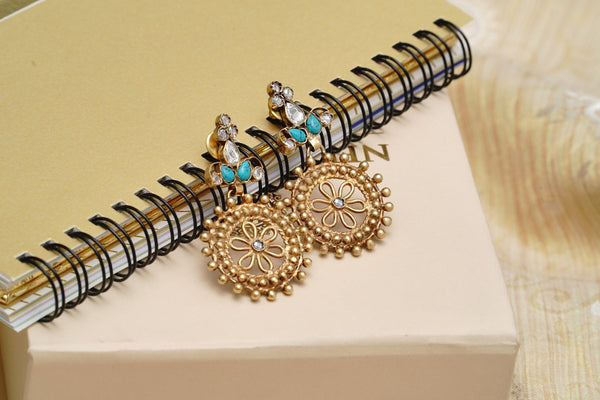 925 Silver Gold Plated Net Earrings with Turquoise