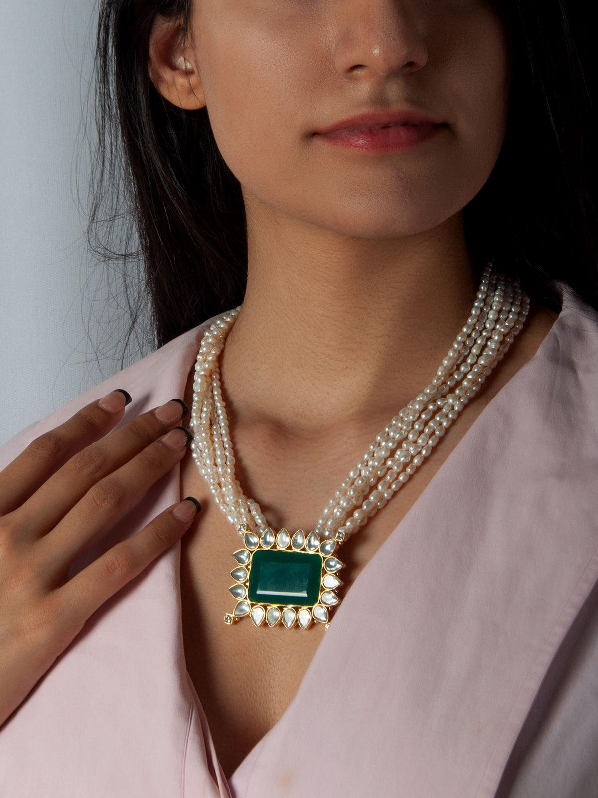 925 Sterling Silver 22K Gold Plated Pearl Beaded Necklace With Green Onyx Gemstone and White Kundan view 1