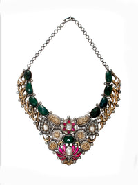 925 Sterling Silver Two Tone 22K Gold Plated Necklace With Labradorite, Pearl, Pink and White Kundan view 6