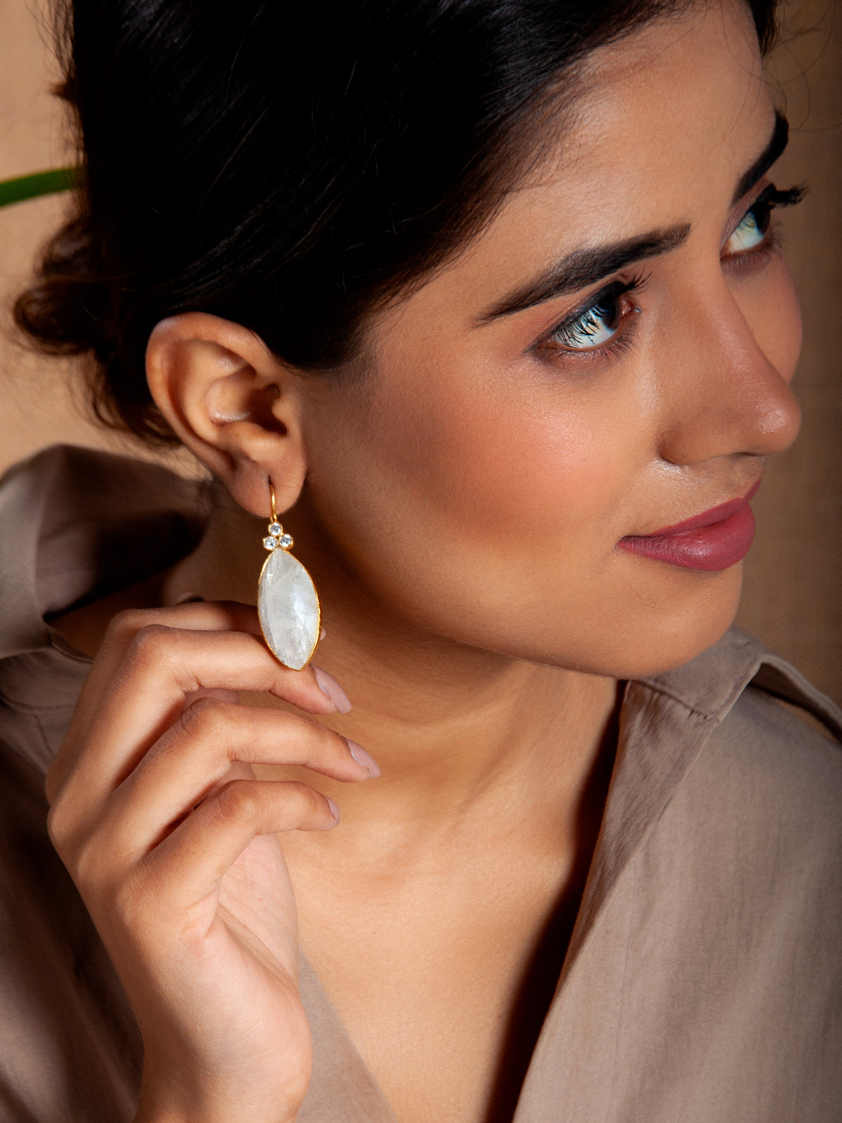 Gold Plated Rainbow Moonstone Danglers view 2