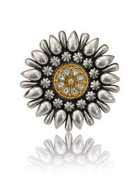 925 Sterling Silver Two Tone 22K Gold Plated Ring With White Kundan view 3