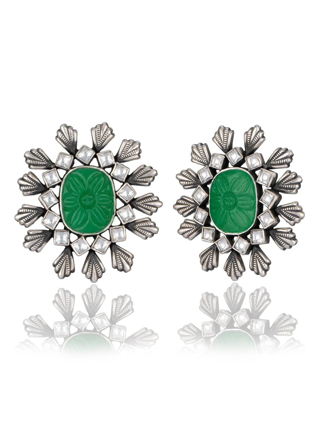 Big Green Carved Stone and Pearl Studs view 1
